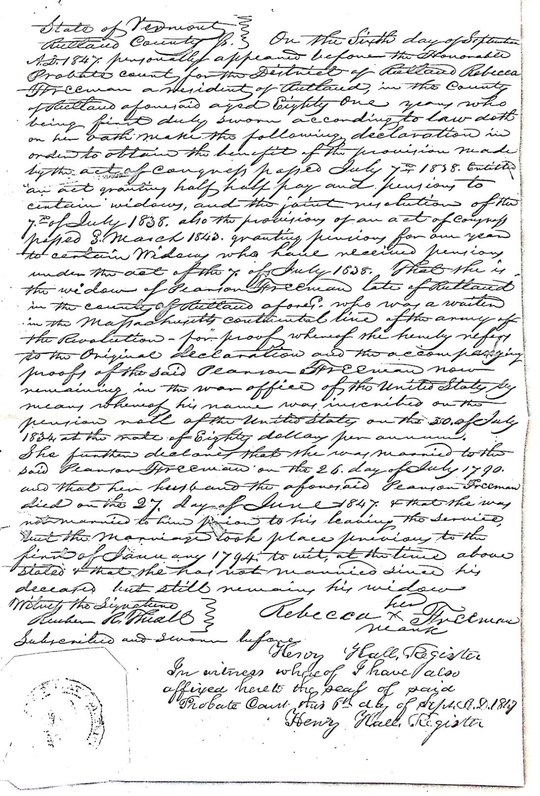 FREEMAN, Pearson - widow petition for pension benefits 1847 1
